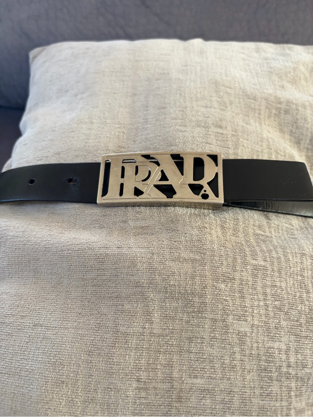 Prada Black Leather Belt with Silver Cutout Logo Buckle